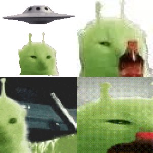绿色外星猫Glorp抽象表情包 外星飞碟降临,绿猫一脸淡定,这表情绝了表情包图片gif动图 - 求表情网,斗图从此不求人!