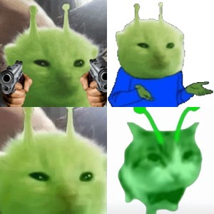 绿色抽象外星猫表情包 绿脸外星人穿着蓝衣,摊手表情滑稽,尽显无奈与呆萌表情包图片gif动图 - 求表情网,斗图从此不求人!