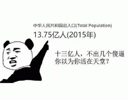 中华人民共和国2015年总人口13.75亿人，十三亿人，不出几个傻逼，你以为你活在天堂吗