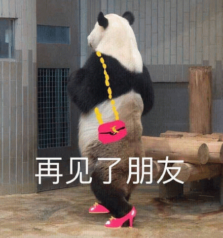 再见了朋友。熊猫穿红色高更鞋背背包