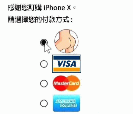 感谢您订购iPhone X。请选择您的付款方式：py 交易；VISA