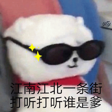 江南江北一条街 打听打听谁是爹 戴墨镜的可爱玩偶配霸气文字“江南江北一条街，打听打听谁是爹”表情包图片gif动图 - 求表情网,斗图从此不求人!