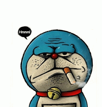 叮当猫 哆啦A梦表情严肃抽烟,配文“Hmmm”,尽显沧桑表情包图片gif动图 - 求表情网,斗图从此不求人!