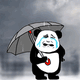 熊猫头在雨中撑伞悲痛流泪，天空电闪雷鸣