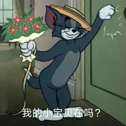 汤姆 汤姆拿着花站在门口敲门，我的小宝贝在吗？ 戴着花帽手拿花束的汤姆敲门，配文“我的小宝贝在吗？”表情包图片gif动图 - 求表情网,斗图 ...