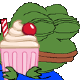 悲伤蛙拿着小蛋糕美味的摇头回味