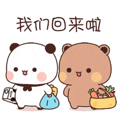 一二布布表情包 可爱的熊猫和小熊提着东西，配文“我们回来啦”超温馨表情包图片动图 求表情网斗图从此不求人 