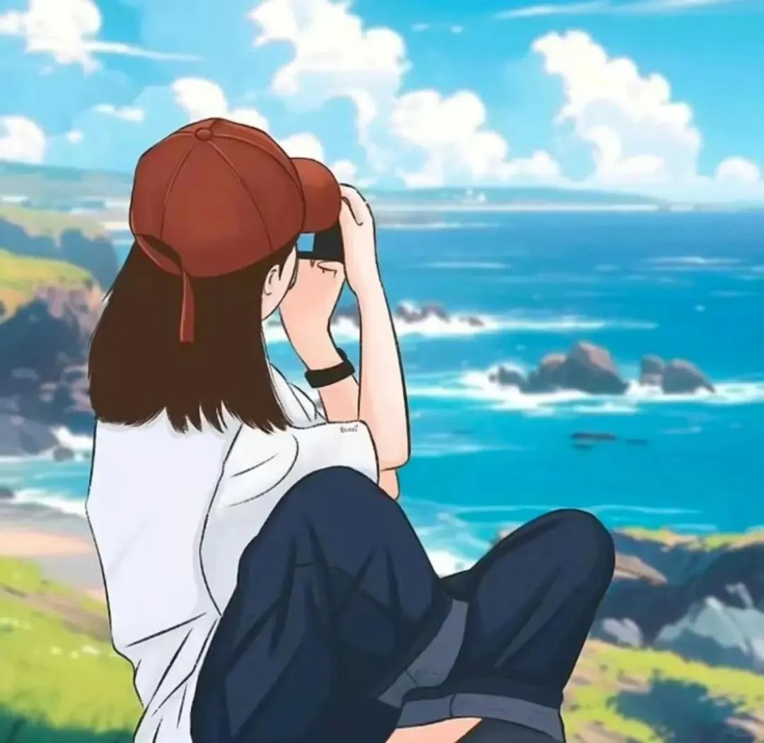 戴红帽女孩坐赏海边美景,清新画风尽显惬意悠闲 男女头像|一眼就爱上表情包图片gif动图 - 求表情网,斗图从此不求人!