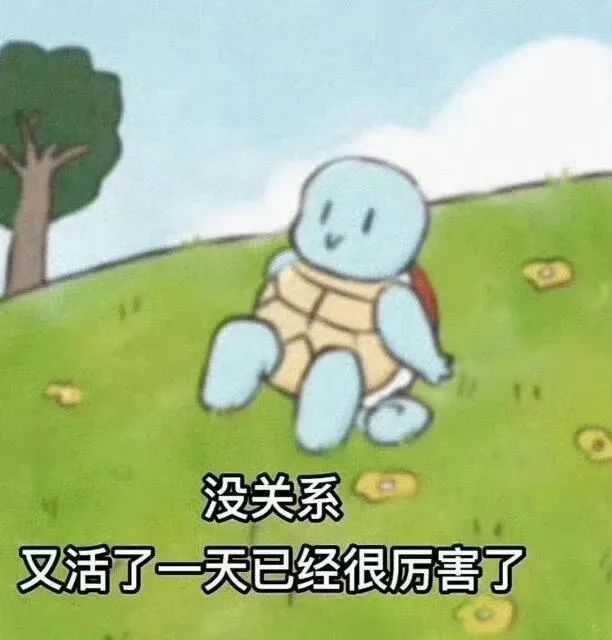 可爱小龟坐在草地上,配文“没关系 又活了一天已经很厉害了” 可爱表情包|杰尼龟表情包表情包图片gif动图 - 求表情网,斗图从此不求人!