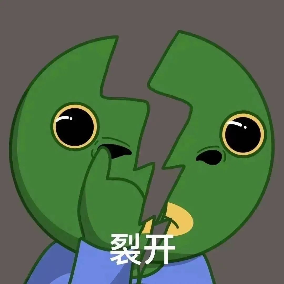 搞笑绿头卡通形象，脸上带裂痕配文“裂开”，尽显无奈 聊天必备表情包 丨 超级不嘻嘻表情包图片gif动图 - 求表情网,斗图从此不求人!