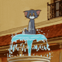 蓝猫坐在喷泉上一脸懵，可爱又搞笑的经典动画场景 表情包丨Tom and Jerry表情包图片gif动图 - 求表情网,斗图从此不求人!