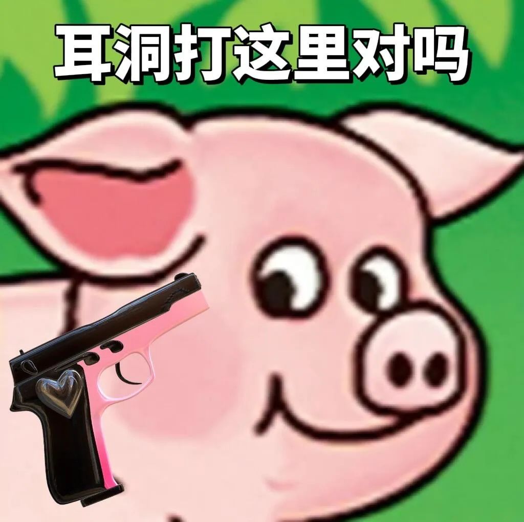 可爱小猪配粉色手枪，疑惑发问“耳洞打这里对吗” 表情包丨 耳洞打这里对吗表情包图片gif动图 - 求表情网,斗图从此不求人!