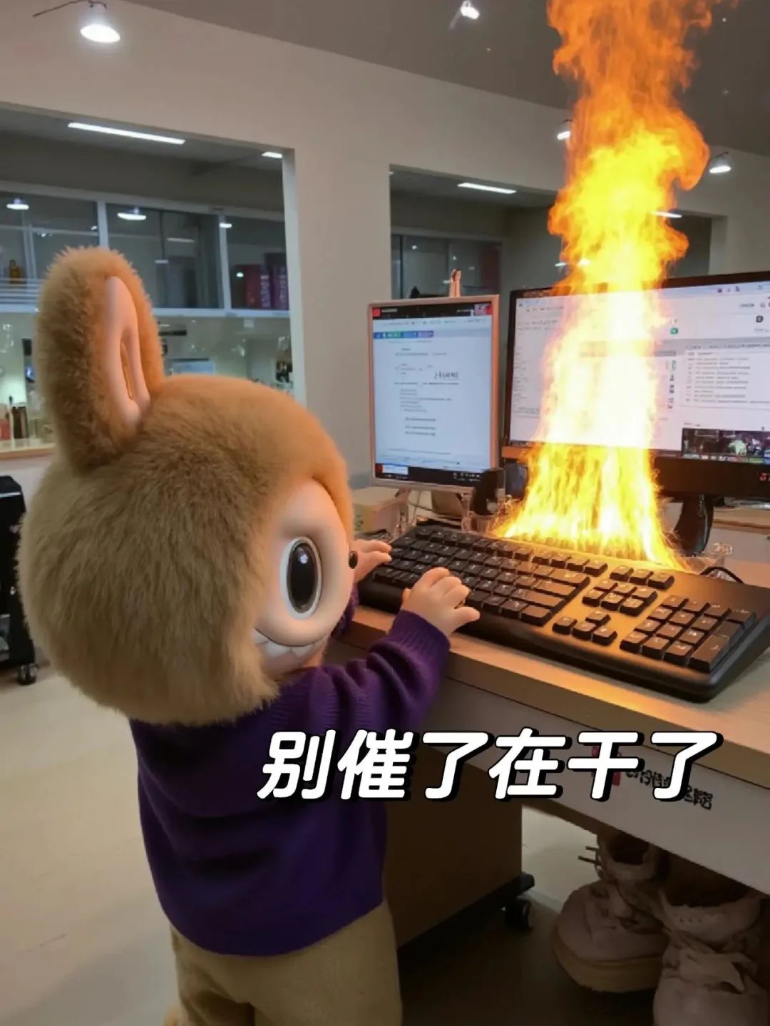 戴头套的卡通形象在冒火的电脑前打字,配文“别催了在干了” 超火Labubu表情包表情包图片gif动图 - 求表情网,斗图从此不求人!