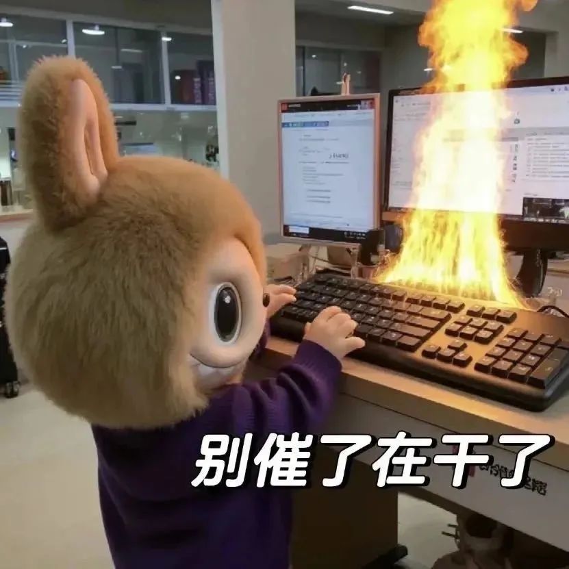 戴着可爱头套的人在着火电脑前打字,配文“别催了在干了” LABUBU和tycoco表情包60张表情包图片gif动图 - 求表情网,斗图从此不求人!