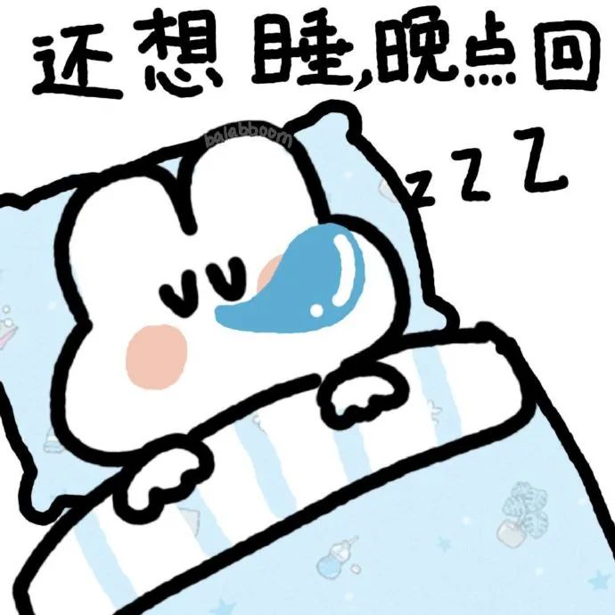 可爱萌物裹着被子呼呼大睡,配文“还想睡,晚点回”超有趣 暴躁文字小兔子表情包表情包图片gif动图 - 求表情网,斗图从此不求人!