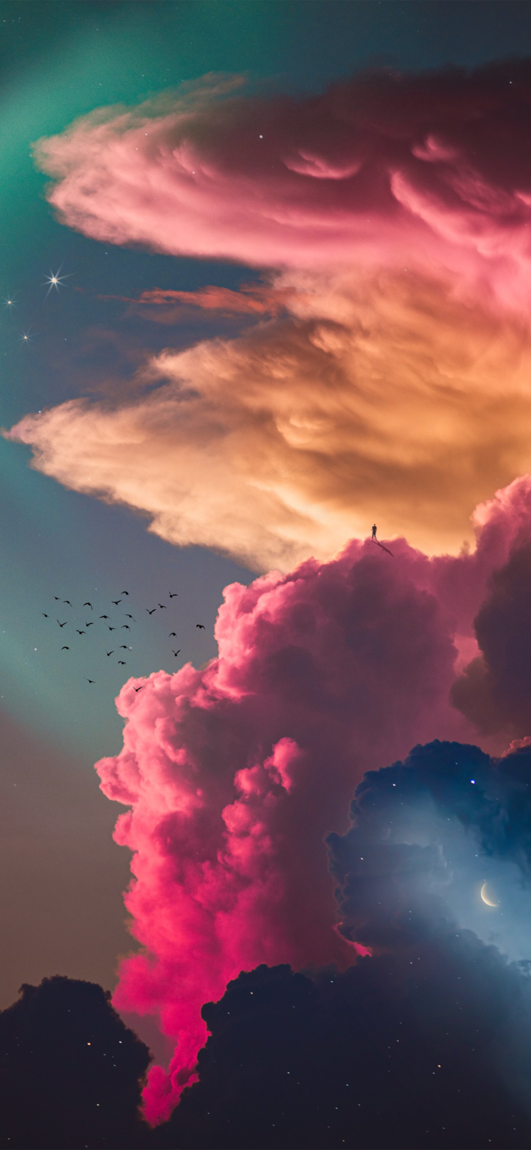 梦幻天空壁纸:多彩云霞间孤人独立,飞鸟相伴星月同辉 手机壁纸|科技数字感壁纸表情包图片gif动图 - 求表情网,斗图从此不求人!