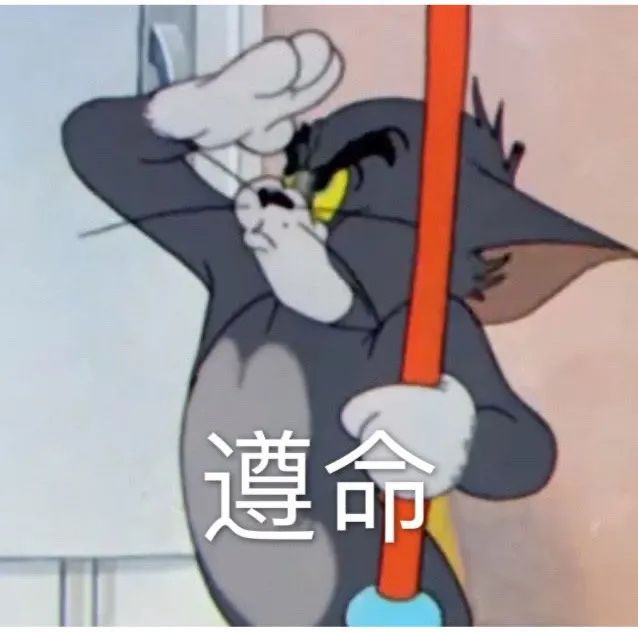 汤姆猫手持红棍扶额,一脸无奈写着“遵命”的搞笑表情包 ๑好好好,没表情包才找我聊天是吧?表情包图片gif动图 - 求表情网,斗图从此不求人!