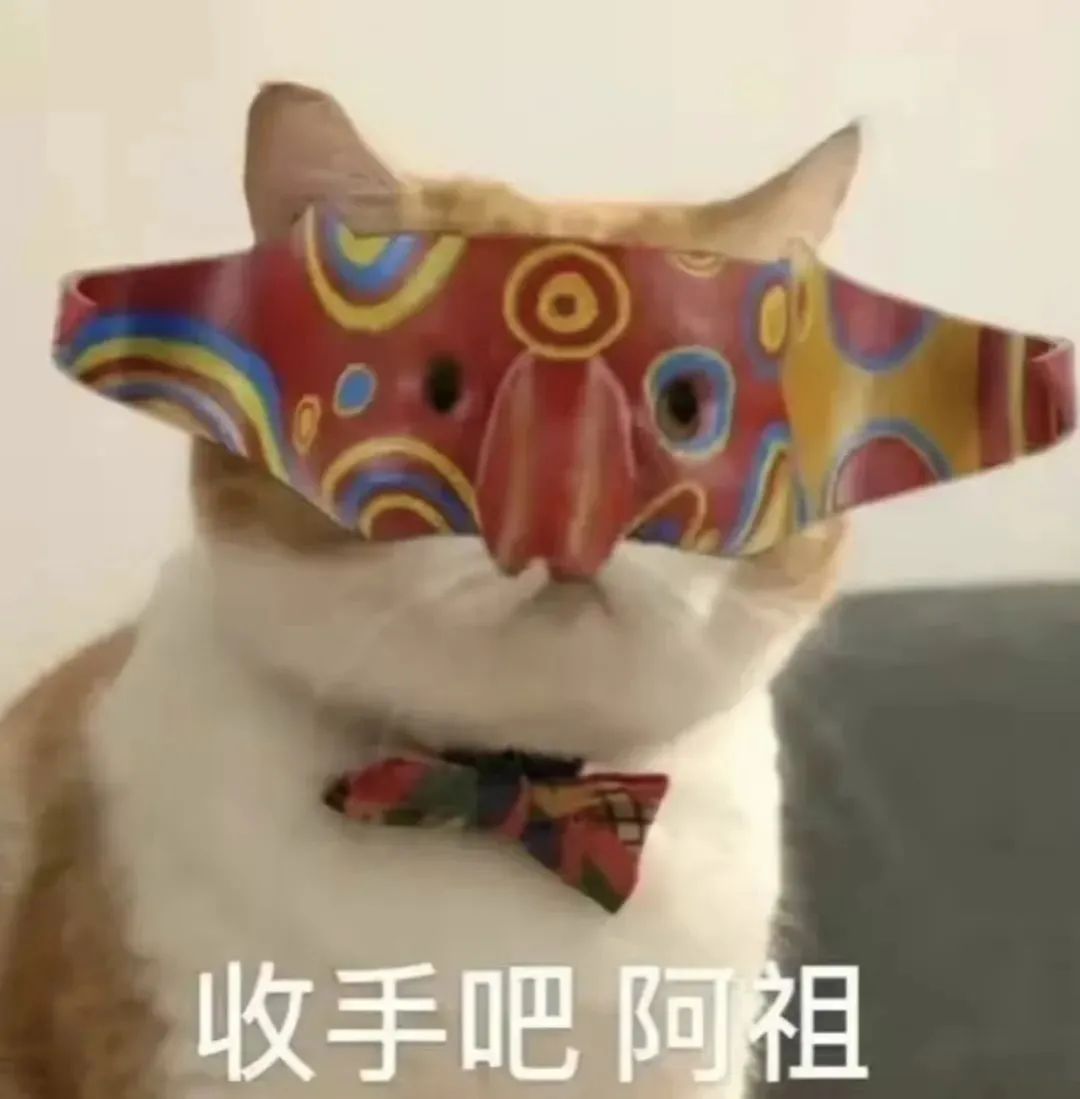 戴着彩色搞怪眼罩的猫咪,配文“收手吧阿祖”,可爱又有趣 表情包丨还舍不得和哥表白?表情包图片gif动图 - 求表情网,斗图从此不求人!