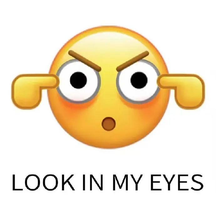 《夸张瞪眼表情加手势，配文“LOOK IN MY EYES”超有趣》 小黄脸表情包：回答我～表情包图片gif动图 - 求表情网,斗图从此不求人!