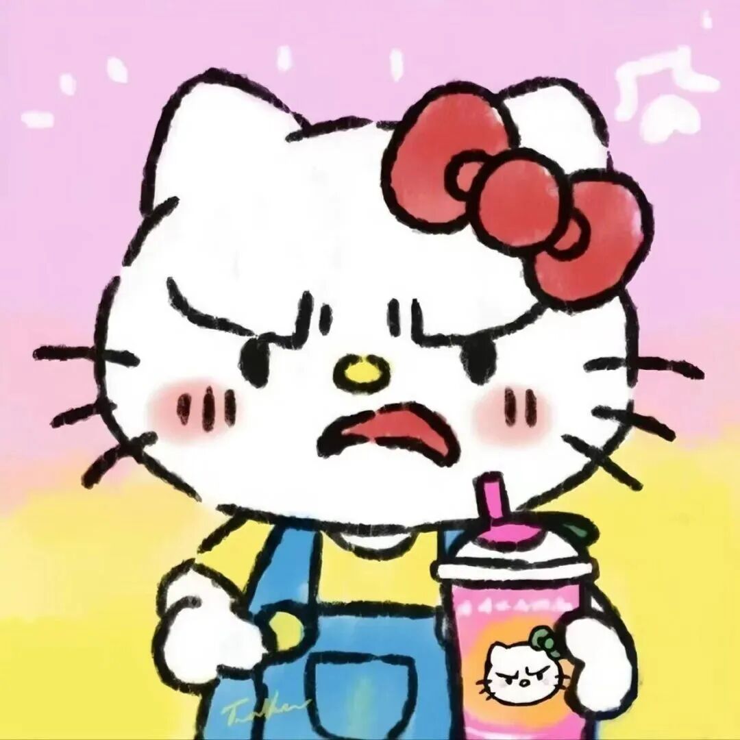 生气Hello Kitty持同款头像饮料，粉黄背景带音符 男女头像｜10月新头像表情包图片gif动图 - 求表情网,斗图从此不求人!