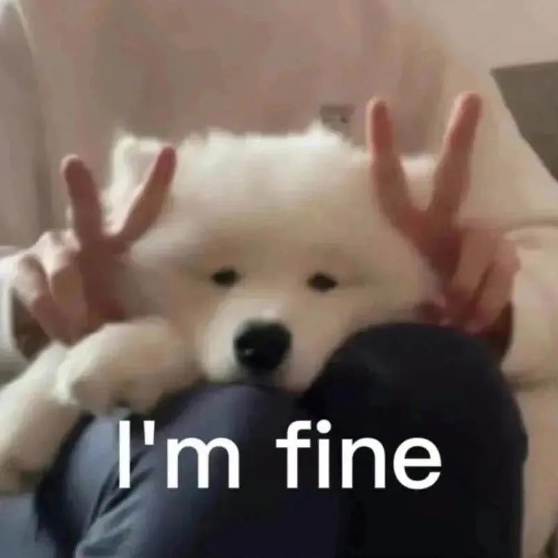 委屈小白狗被比耶,配文I'm fine 强装开心超可爱 又萌又可爱的表情包!表情包图片gif动图 - 求表情网,斗图从此不求人!