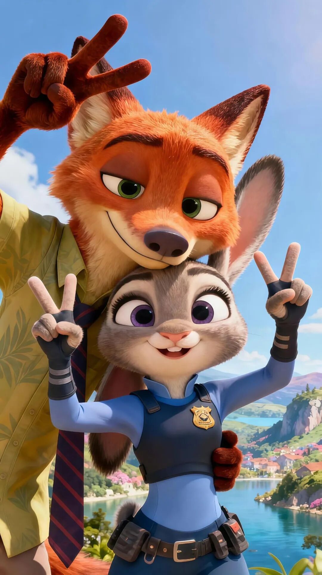 疯狂动物城朱迪尼克比耶，湖岸山城美景相伴 壁纸：尼克和朱迪（36张）表情包图片gif动图 - 求表情网,斗图从此不求人!