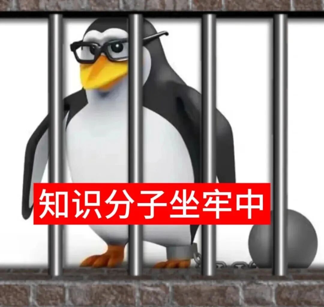 戴眼镜企鹅(知识分子)戴镣坐牢,文字“知识分子坐牢中” 500张超火的恶俗企鹅表情包gif动图(可批量保存)