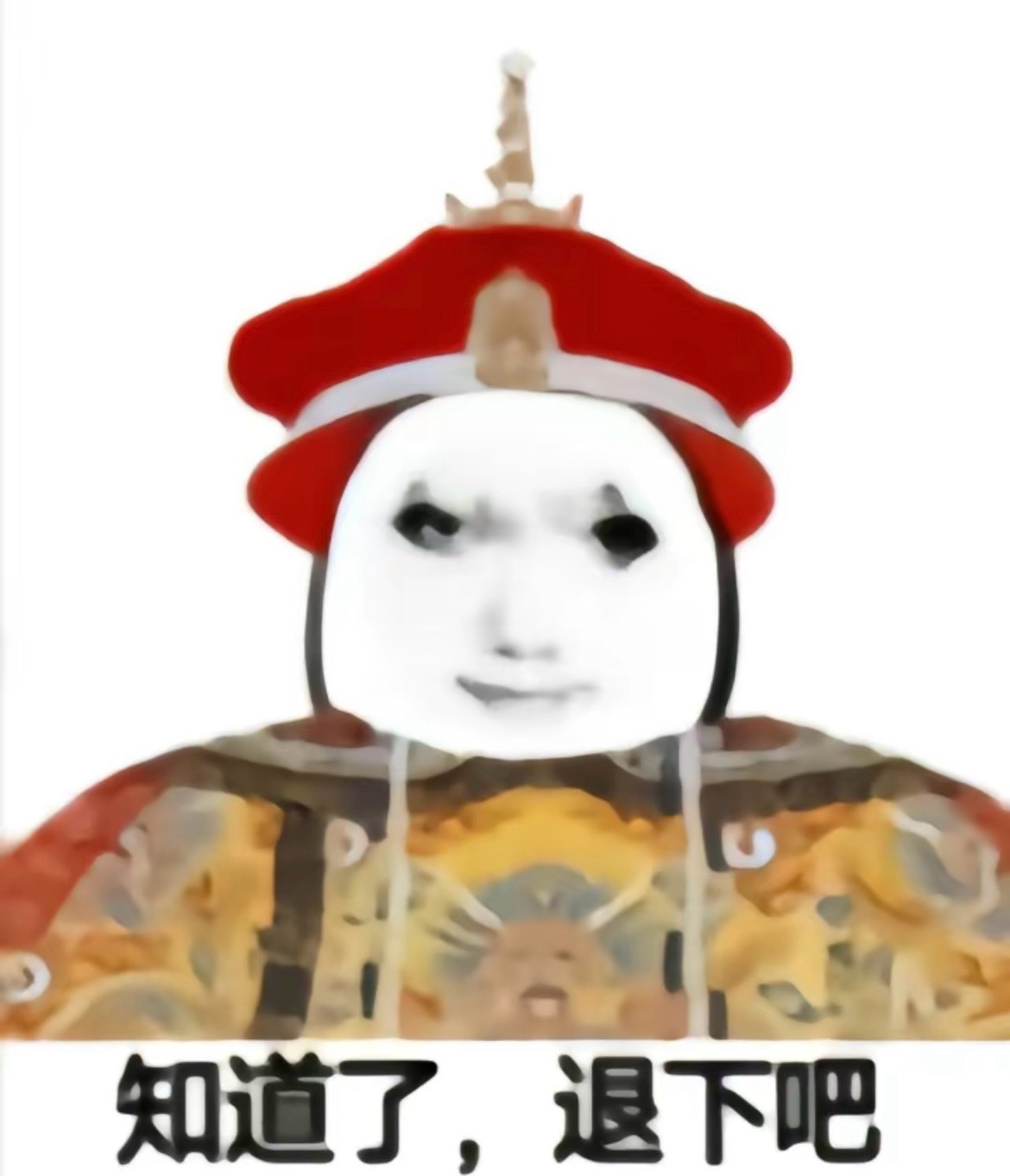 戴着红帽身着龙袍的人物,配文“知道了,退下吧”很有威严感表情包图片gif动图 - 求表情网,斗图从此不求人!