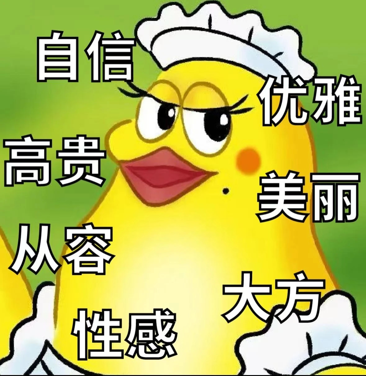 极致魅惑|太太乐鸡精表情包 戴着厨师帽的小黄鸡,周身环绕着“自信优雅高贵”等赞美词汇表情包图片gif动图 - 求表情网,斗图从此不求人!