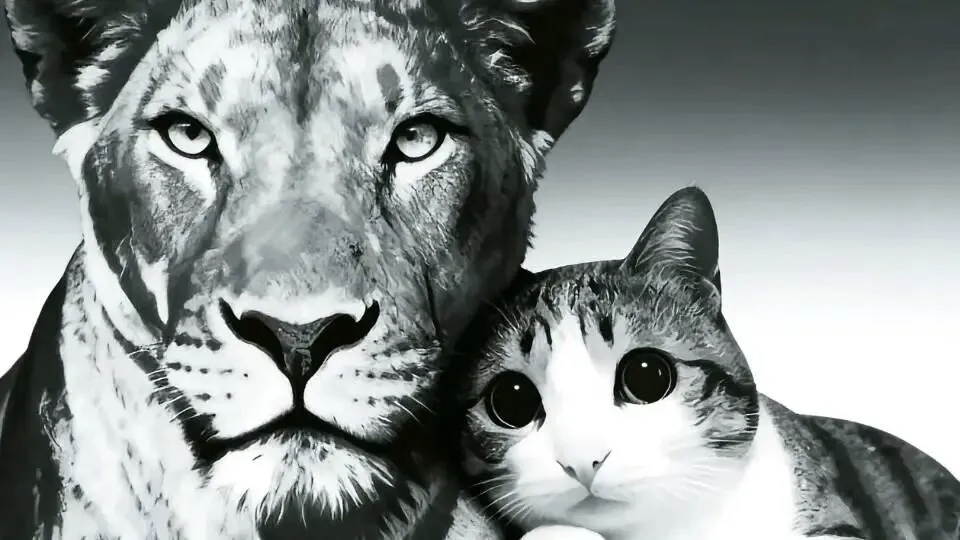 最新狮子吼小猫梗图全集 黑白风：霸气狮子与软萌猫咪温馨依偎相伴表情包图片gif动图 - 求表情网,斗图从此不求人!