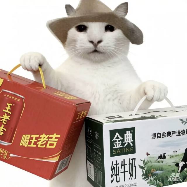戴帽白猫拎王老吉、金典纯牛奶，萌趣送礼猫表情包图片gif动图 - 求表情网,斗图从此不求人!